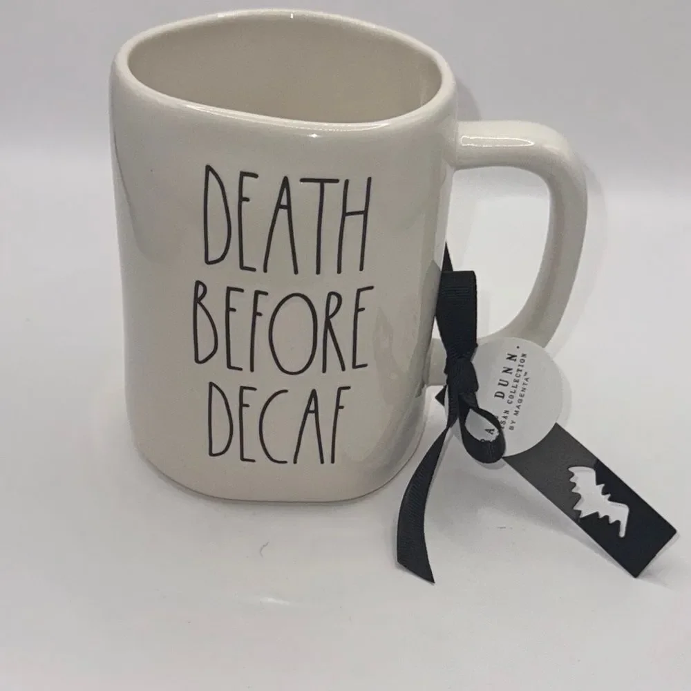 Rae Dunn White Ceramic Mug - Death Before Decaf